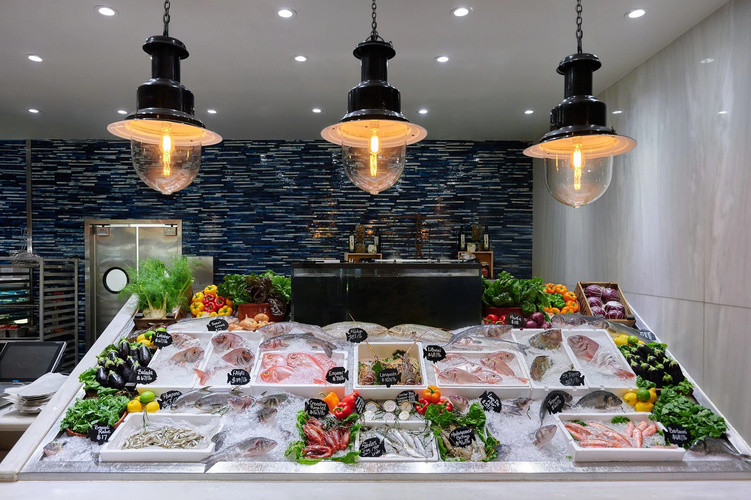 seafood market displaying freshly caught selections